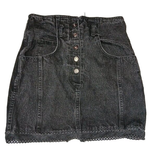 Jean St Tropez Jean Skirt 9/10 Mini Black Jean Denim Lace Trim Button Vintage - Picture 1 of 10
